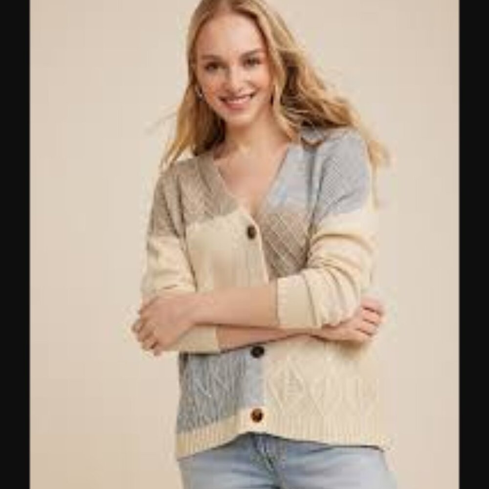 Maurice's Patchwork Cable Knit Cardigan Sweater NWT Size Small Blue Cream